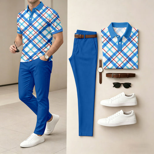 Men's Casual Dark Blue Plaid Printed Polo Shirt And Pants Two-Piece Set