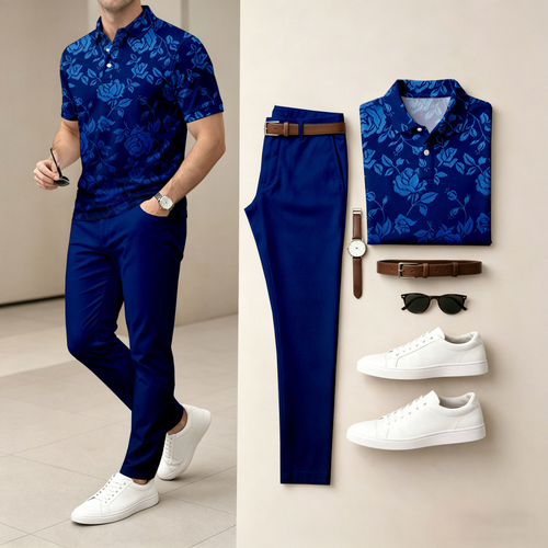 Men's Casual Floral-Print Short-Sleeve Polo Shirt And Pants Set (Excludes Accessories Such As Watches And Belts)