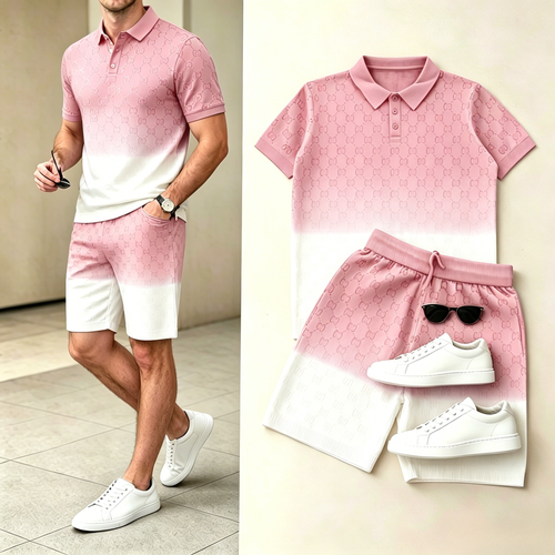 Men's Casual Pink White Gradient Polo Shirt & Shorts Two-Piece Set