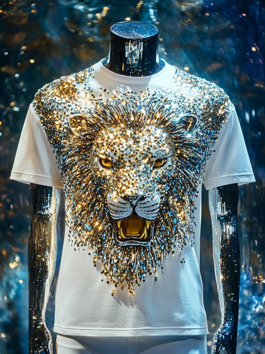 Men's Lion Sequin Business Print Short Sleeve T-Shirt