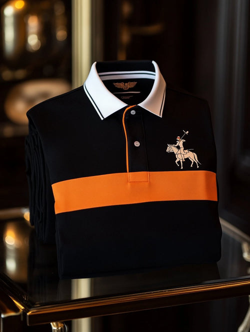 Men's Retro Business Logo Print Long Sleeve Polo Shirt