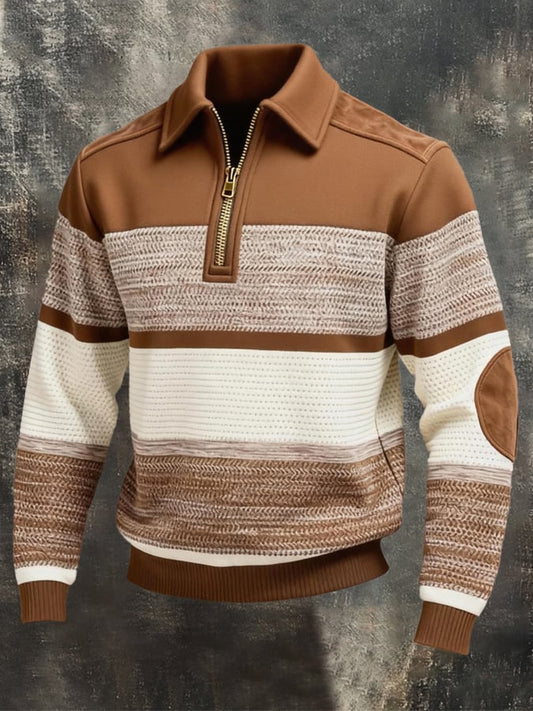 Men's Retro Color Block Print Zipper Sweatshirt