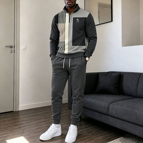 Men's Printed Zipper Stand-Up Collar Sweatshirt and Sweatpants Set
