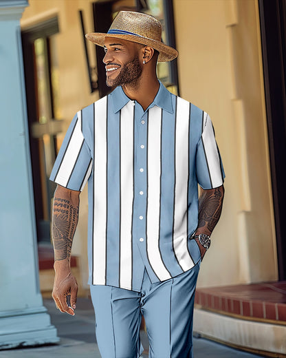 Men's Retro Colorblock Short Sleeve Shirt Walking Suit 1159