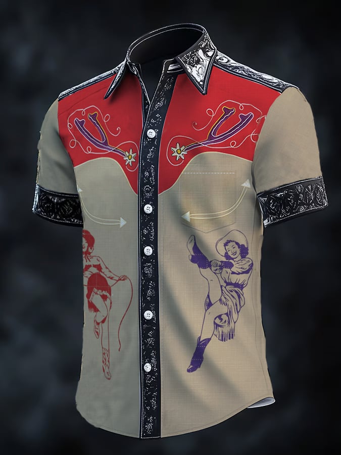 Men's Retro Western Print Short Sleeve Shirt