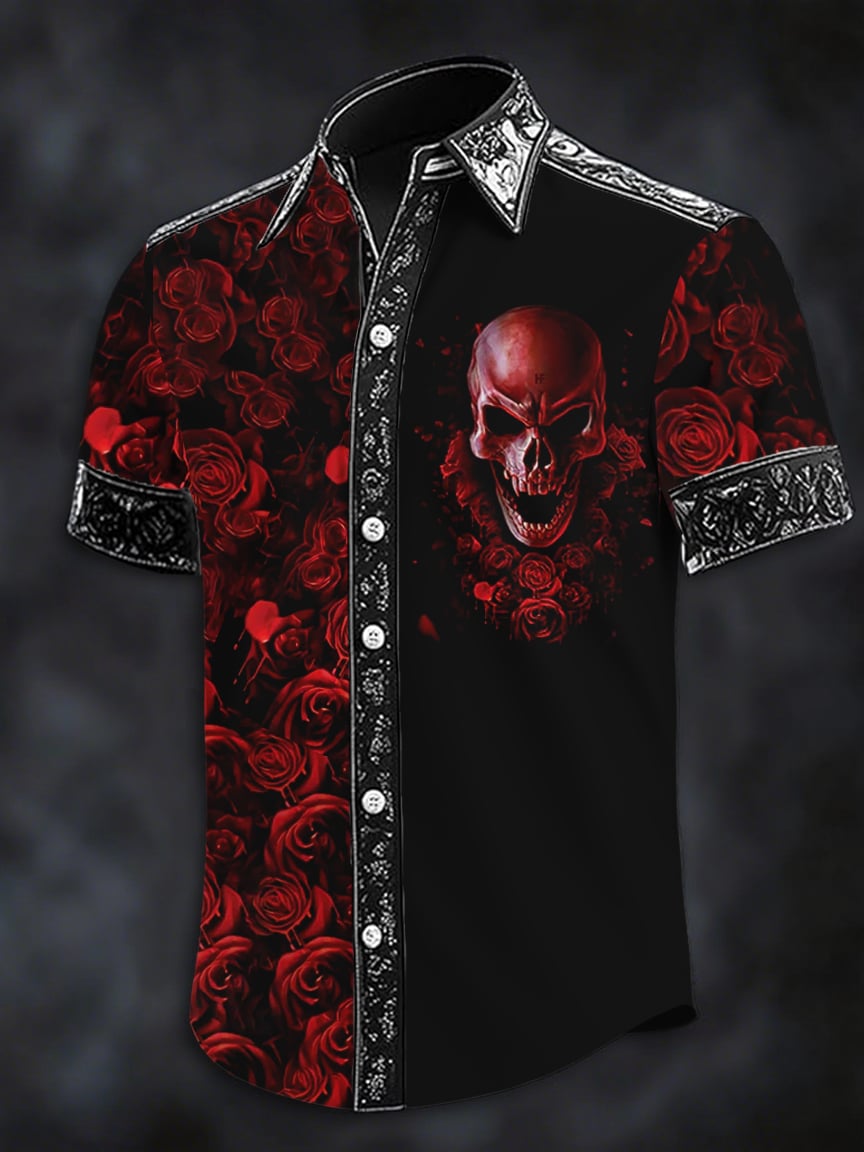 Men's Dark Skull Print Casual Short Sleeve Shirt