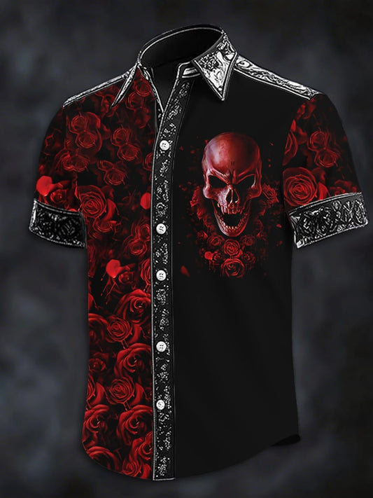 Men's Dark Skull Print Casual Short Sleeve Shirt