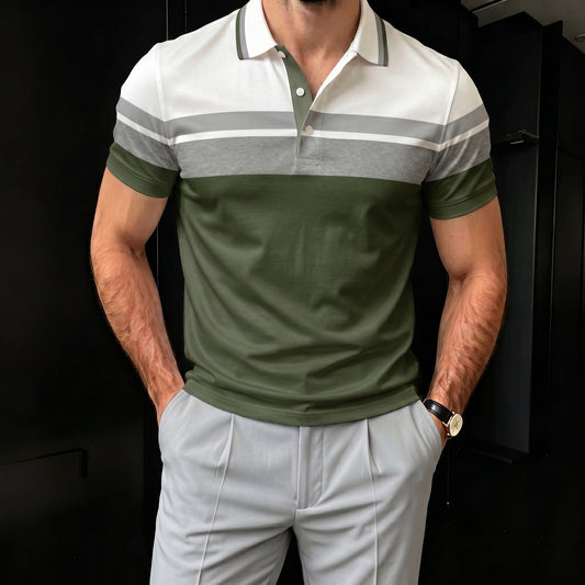 Men's Casual Green And Gray Stripes Polo Shirt