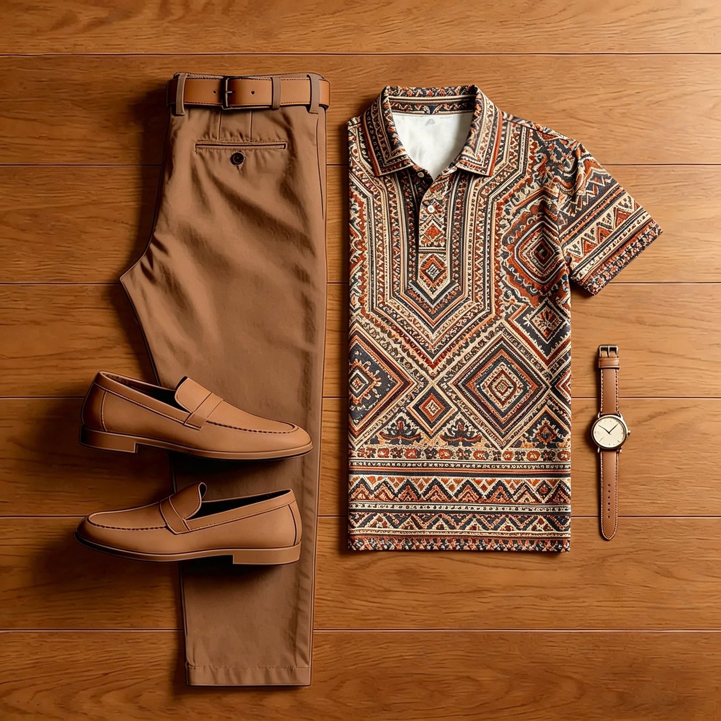 Men's Casual Printed Polo Shirt And Pants Two-Piece Set
