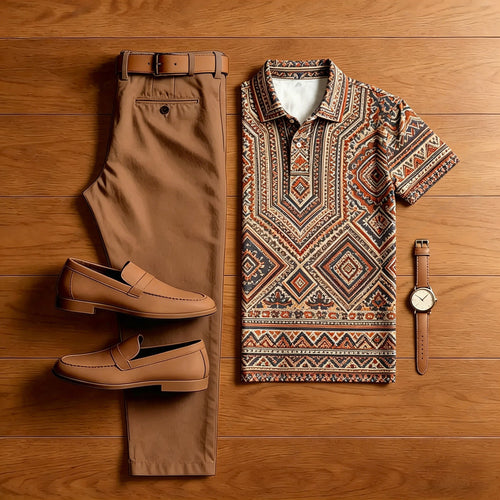 Men's Casual Printed Polo Shirt And Pants Two-Piece Set