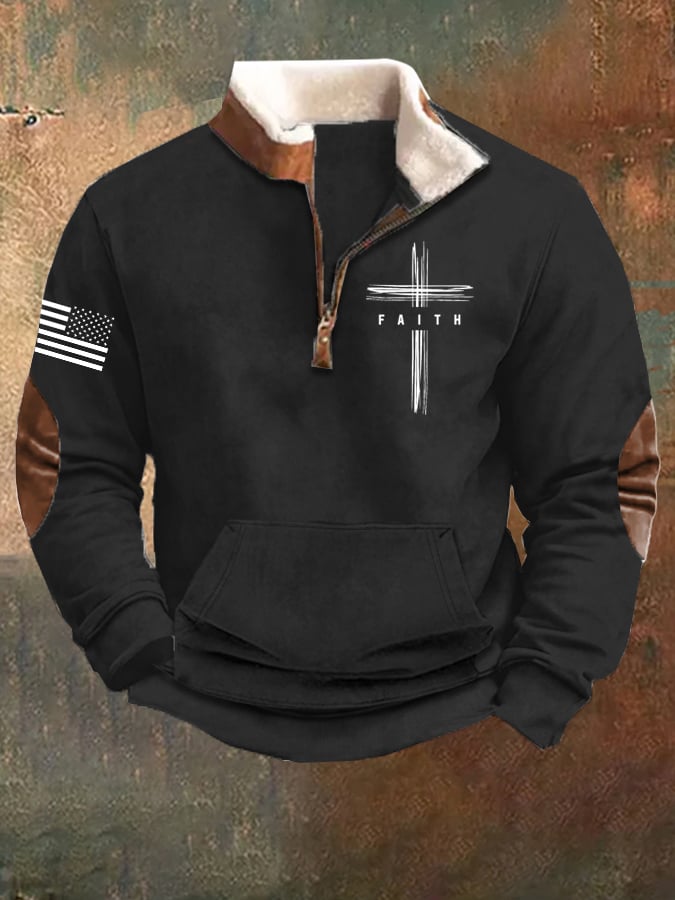 Men's faith faith vintage zip-up collar long-sleeved sweatshirt