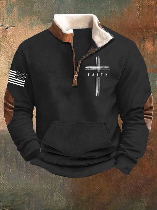 Men's faith faith vintage zip-up collar long-sleeved sweatshirt