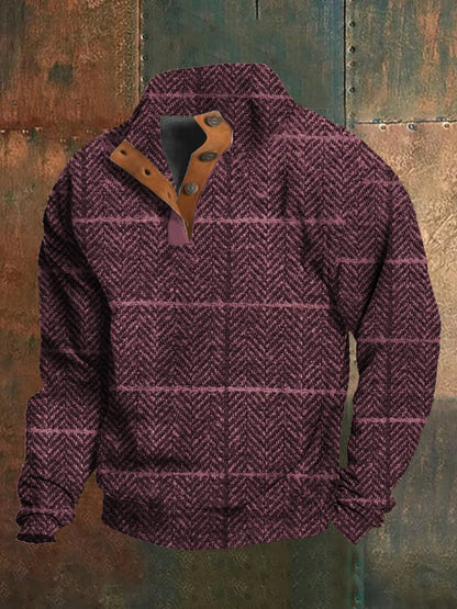 Men's Western Vintage Plaid Print Stand Collar Button-Down Sweatshirt