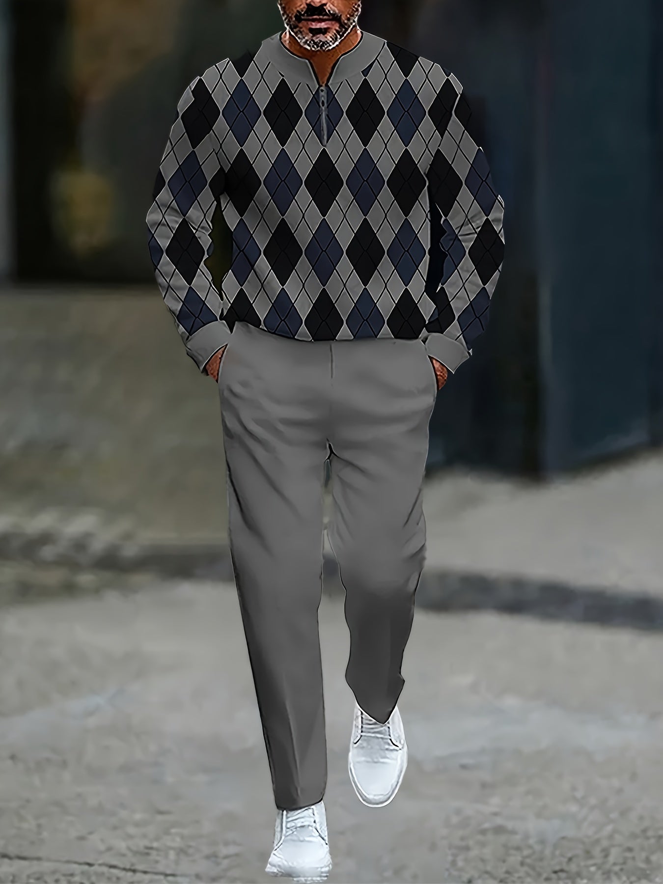 Men's Casual Color Matching Printed Round-Neck Zipper Long Sleeved Trousers Two-Piece Set