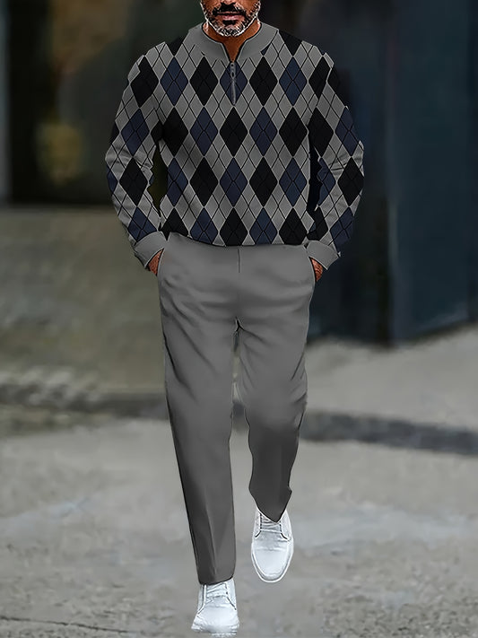 Men's Casual Color Matching Printed Round-Neck Zipper Long Sleeved Trousers Two-Piece Set