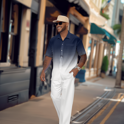 Men's Gradient Print Short Sleeve Shirt Walking Suit 1079