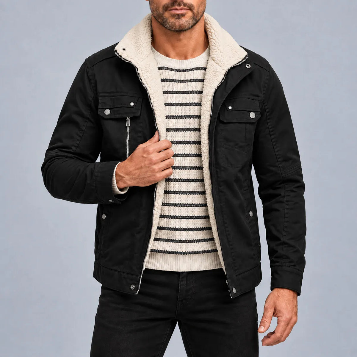 Men's Army Green Turndown Collar Multi-Pocket Sherpa Lined Zipper Jacket