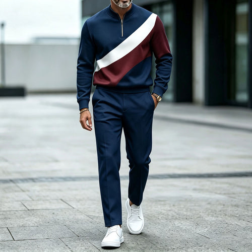 Men's Color-Blocked Round-Neck Zipper Long-Sleeve Top and Pants Set