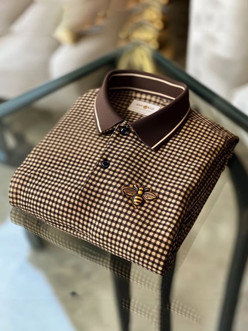 Men's Classic Business Check Logo Button Short Sleeve Polo Shirt