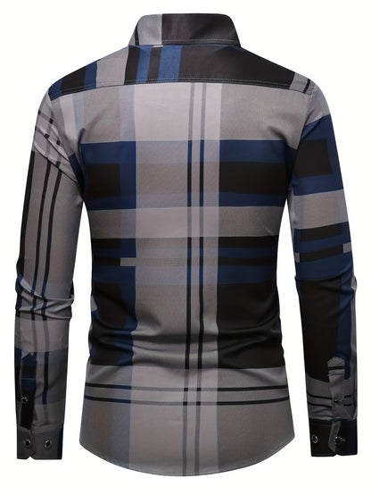 Men's Street Style Business Plaid Casual Printed Long Sleeve Shirt