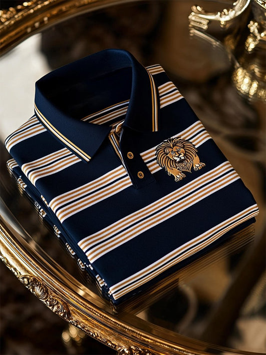 Men's Business Casual Striped Button Short Sleeve Polo Shirt