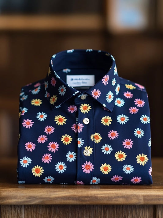Men's Business Casual Floral Lapel Short Sleeve Shirt