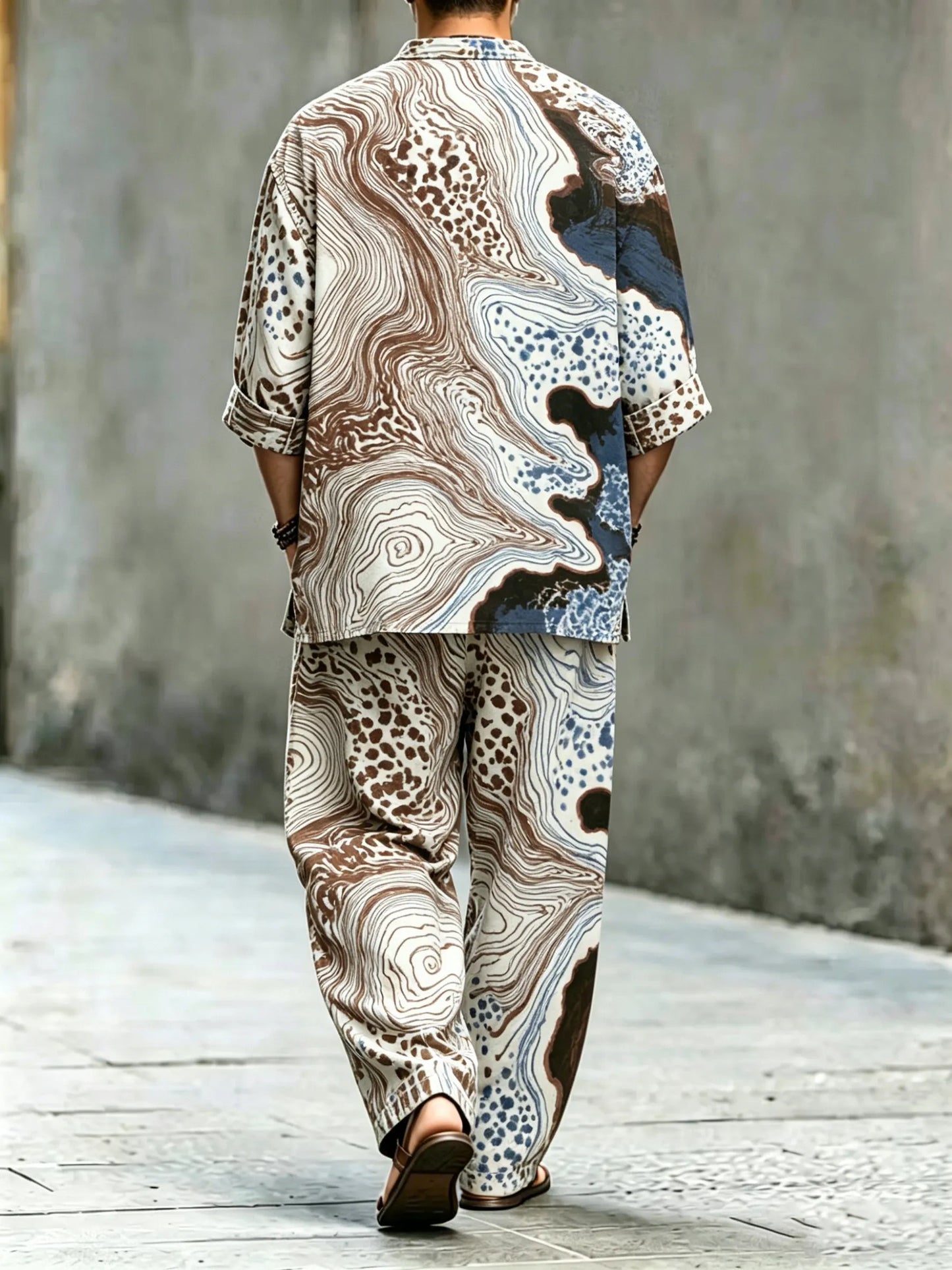 Men's Vintage Abstract Art Printed Cotton Shirt Set (Top & Pants)