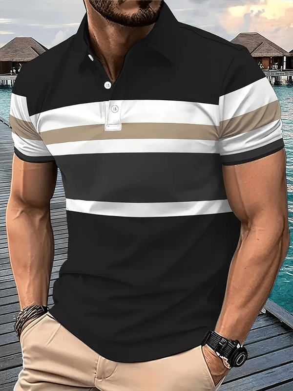 Men's Business Stripe Button-Down Short Sleeve Polo Shirt