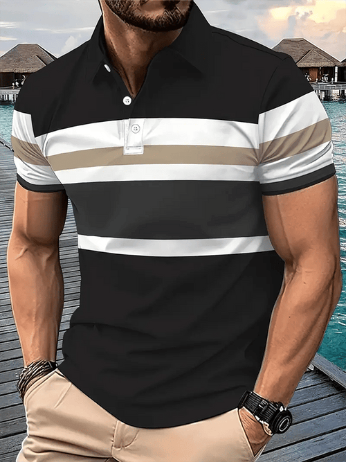 Men's Business Stripe Button-Down Short Sleeve Polo Shirt