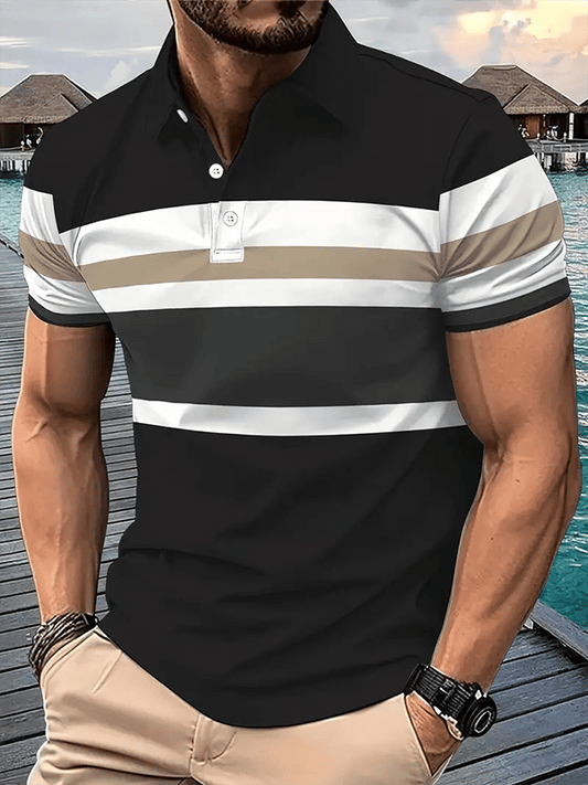 Men's Business Stripe Button-Down Short Sleeve Polo Shirt