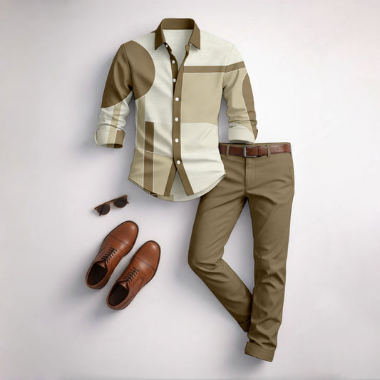 Men's Casual Color Matching Geometric Printed Long Sleeved Shirt & Trousers Two-Piece Set