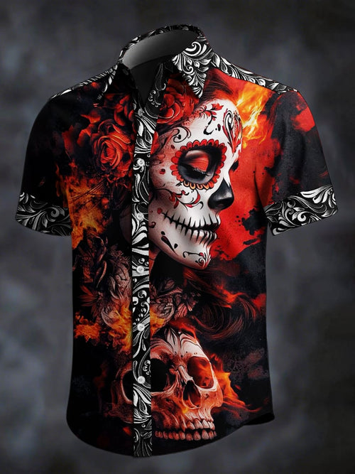 Men's Retro Skull Print Lapel Short Sleeve Shirt