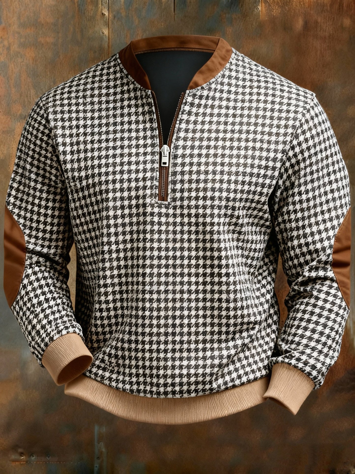 Retro Houndstooth Geometric Print Zipper Sweatshirt