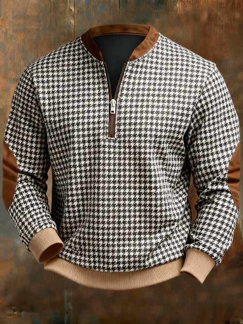 Retro Houndstooth Geometric Print Zipper Sweatshirt