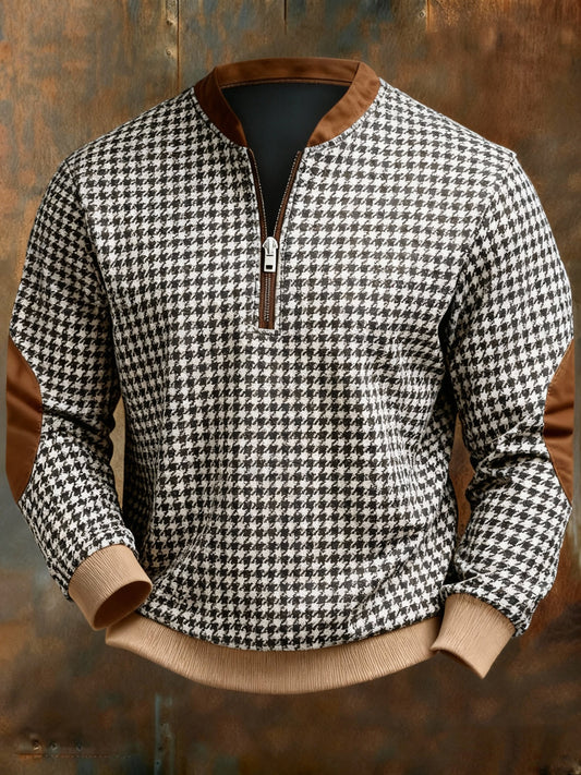 Retro Houndstooth Geometric Print Zipper Sweatshirt