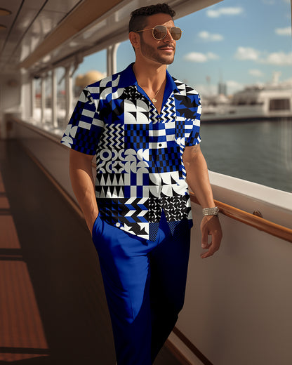 Men's retro colorblock short-sleeved shirt walking Suit 1675