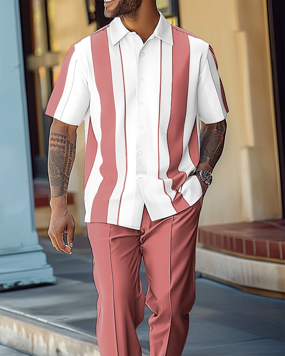 Men's Textured Short Sleeve Printed Two-Piece Walking Pants Set 063