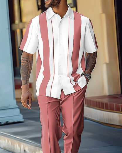 Men's Textured Short Sleeve Printed Two-Piece Walking Pants Set 063