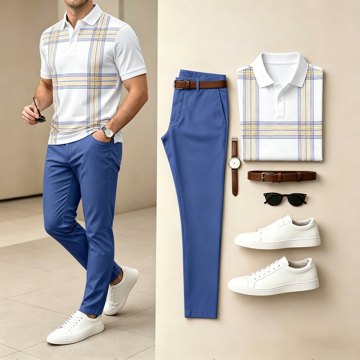 Men's Casual White Printed Polo Shirt And Pants Two-Piece Set
