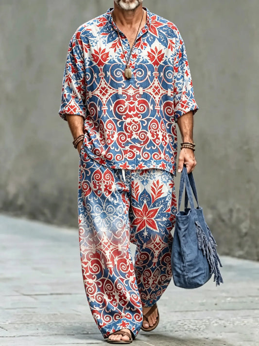Men's Vintage Abstract Art Printed Cotton Shirt Set (Top & Pants)