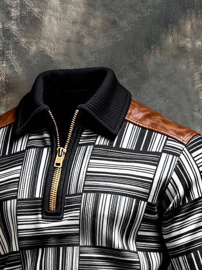 Men's Vintage Color-Block Printed Zip-Up Hoodie