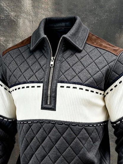Men's Retro Color Block Print Color-Blocked Zip-Up Sweatshirt
