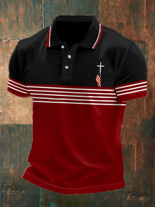 Men's  Flag Cross Button Design Polo Shirt