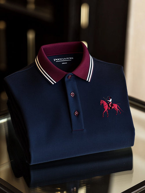 Men's Retro Business Logo Print Long Sleeve Polo Shirt
