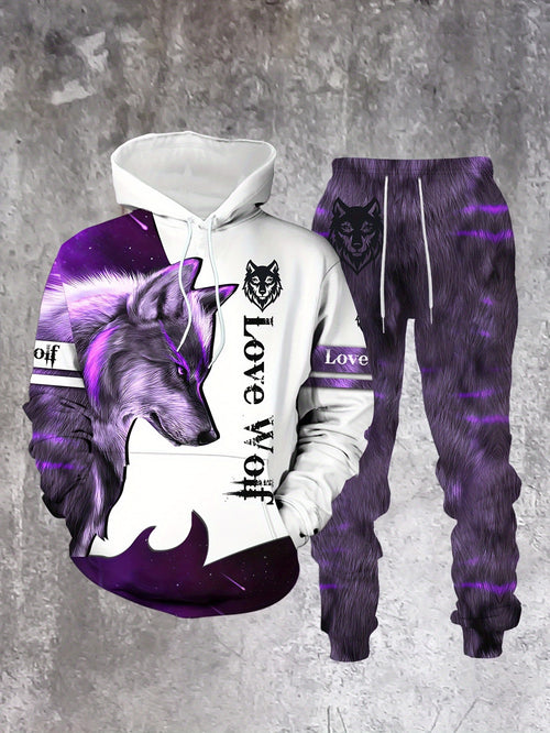 Men's Casual “Love Wolf" Printed Hoodies Long Sleeved Sweatshirts & Sweatpants Two-Piece Set