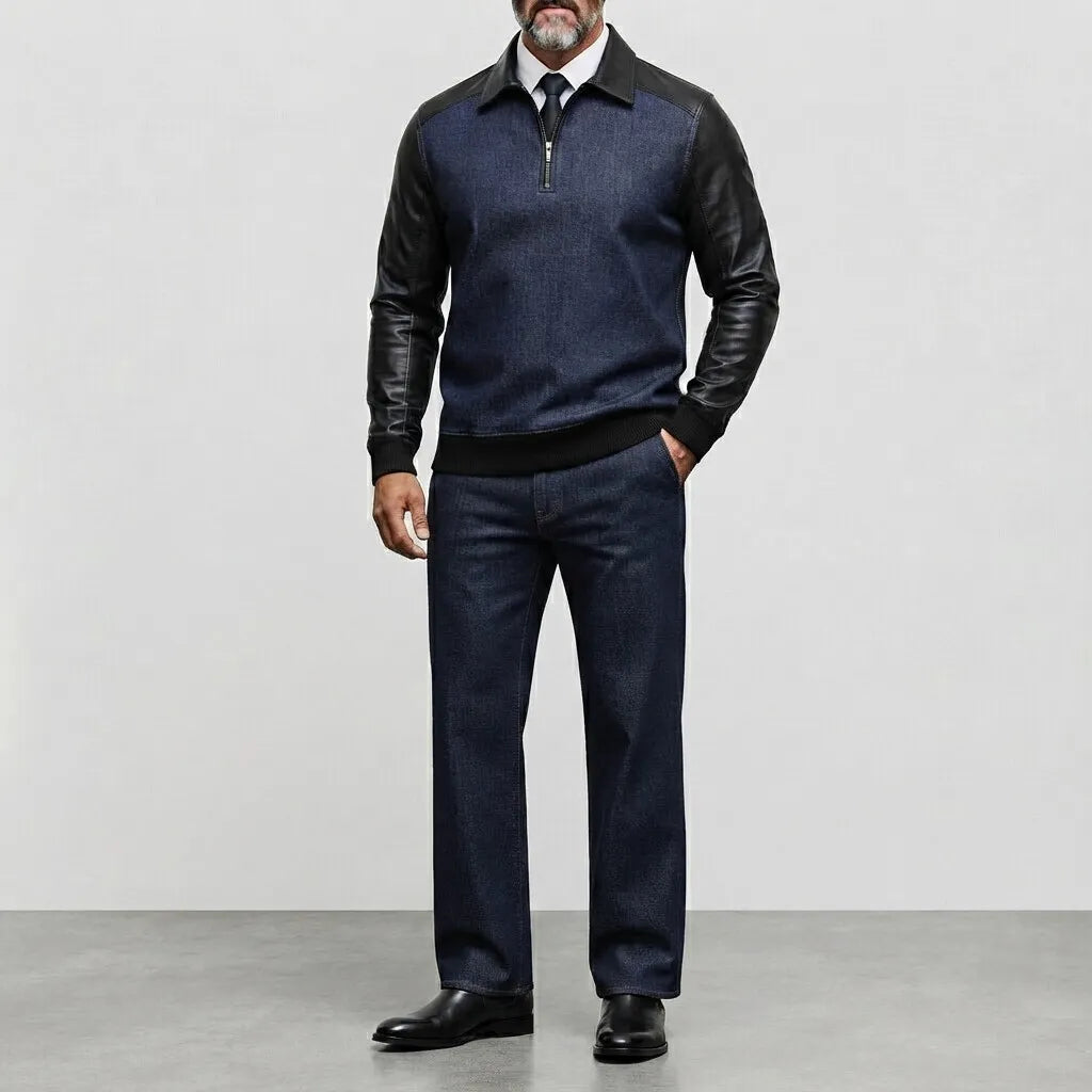 Men's Denim PU Leather Patchwork Long Sleeve Half Zip Sweatshirt