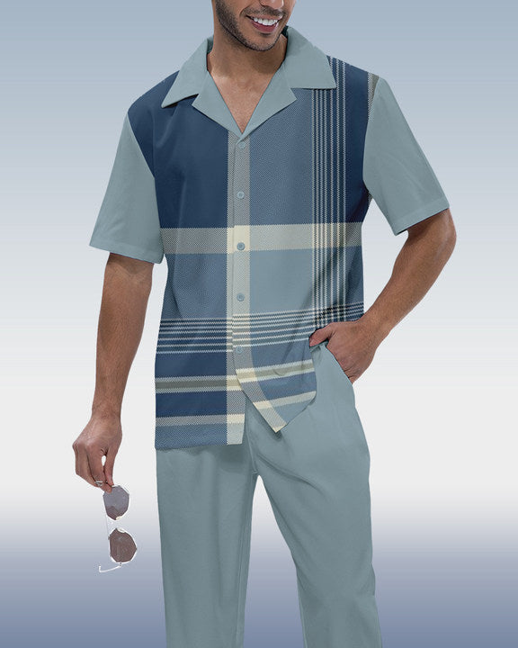 Rianmond Men's Check Print Short Sleeve Shirt Walking Set 353