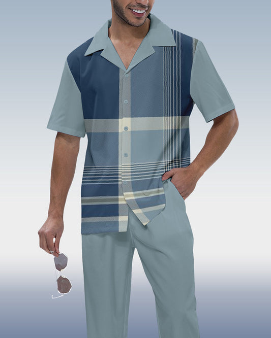 Rianmond Men's Check Print Short Sleeve Shirt Walking Set 353