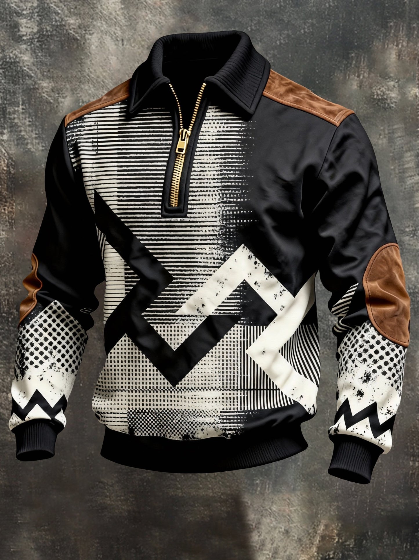 Men's Vintage Color-Block Printed Zip-Up Hoodie