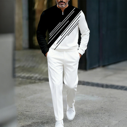 Men's Casual Color Matching Printed Round-Neck Zipper Long Sleeved Trousers Two-Piece Set